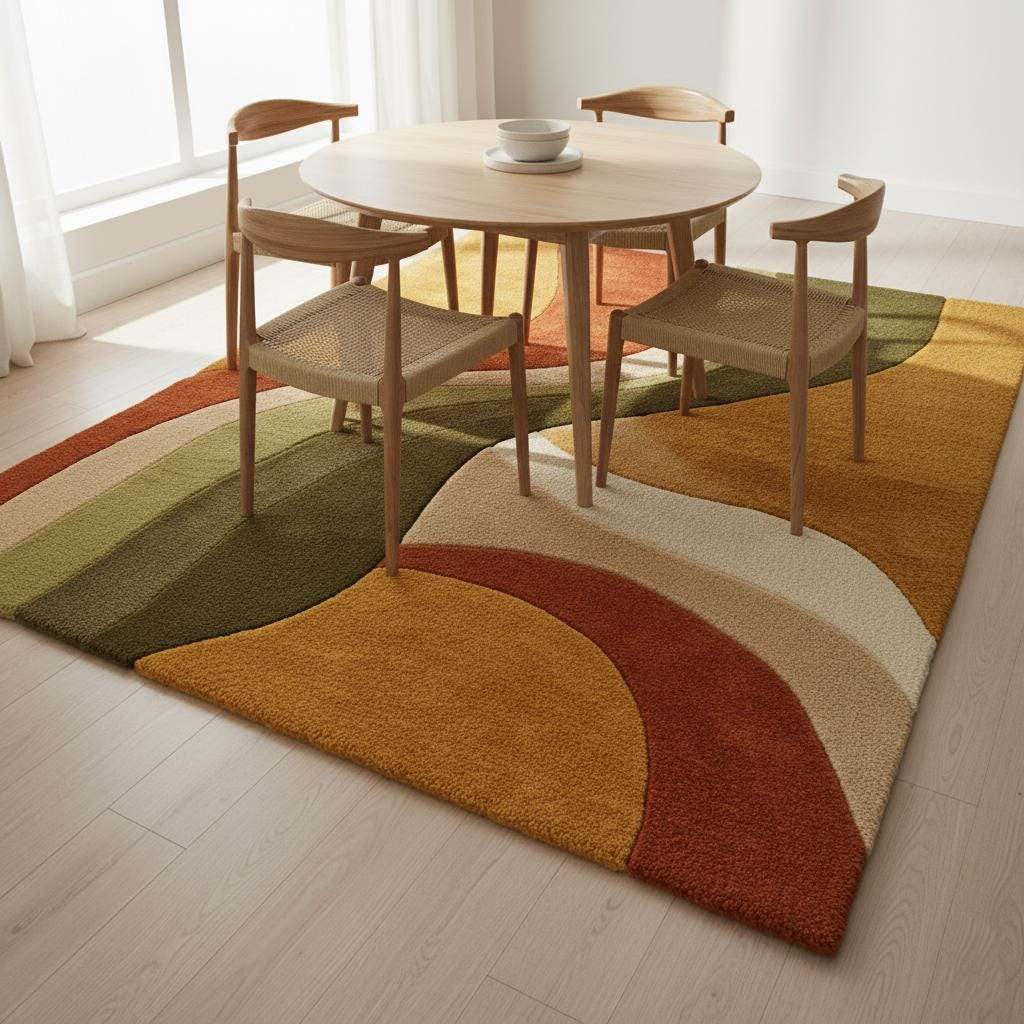 Abstract wool rug with retro geometric pattern and organic curves in warm earthy tones