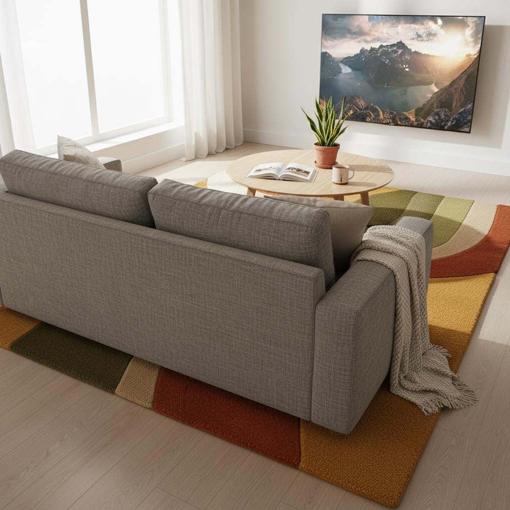 Abstract wool rug with retro geometric pattern, organic curves, and warm earthy tones, hand tufted from premium wool for living room decor.