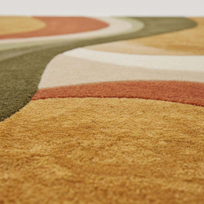 Abstract wool rug with retro geometric pattern and organic curves in warm earthy tones