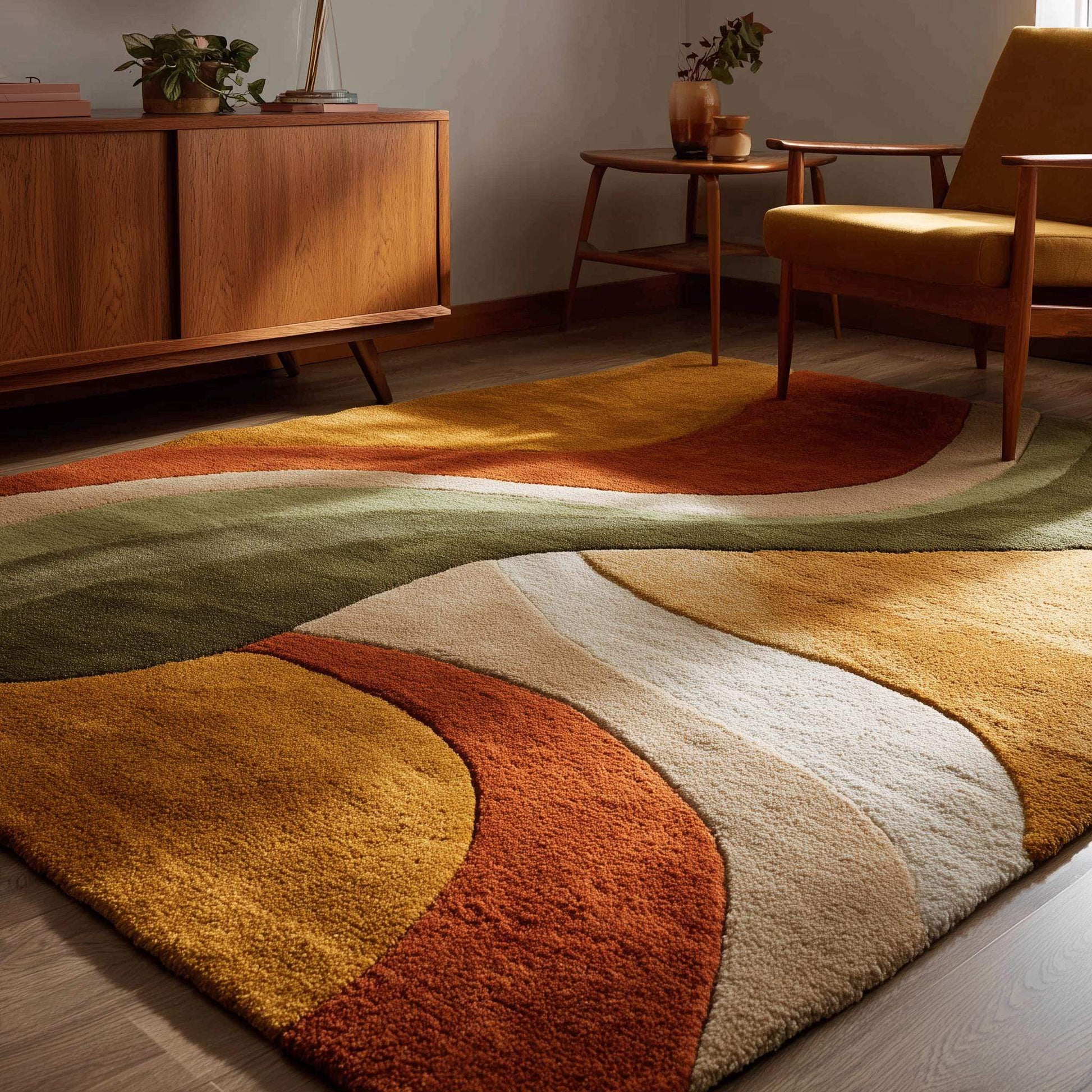 Hand tufted abstract wool rug with retro geometric pattern and organic curves in warm earthy tones