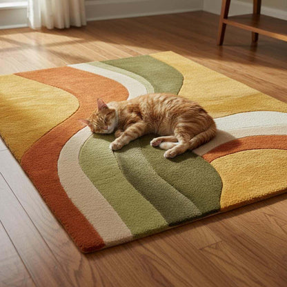 Abstract wool rug with retro geometric pattern and organic curves in warm earthy tones, hand tufted for softness and durability.