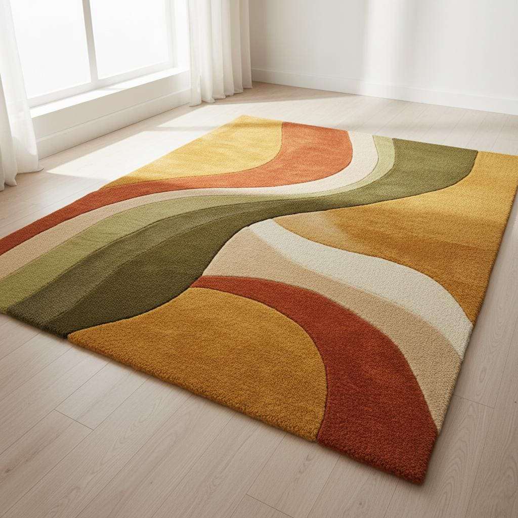 Abstract wool rug with retro geometric pattern and organic curves in warm earthy tones