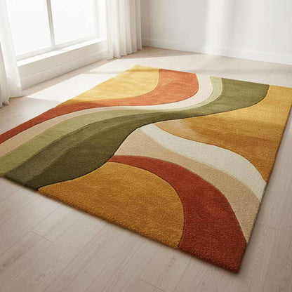 Abstract wool rug with retro geometric pattern and organic curves in warm earthy tones