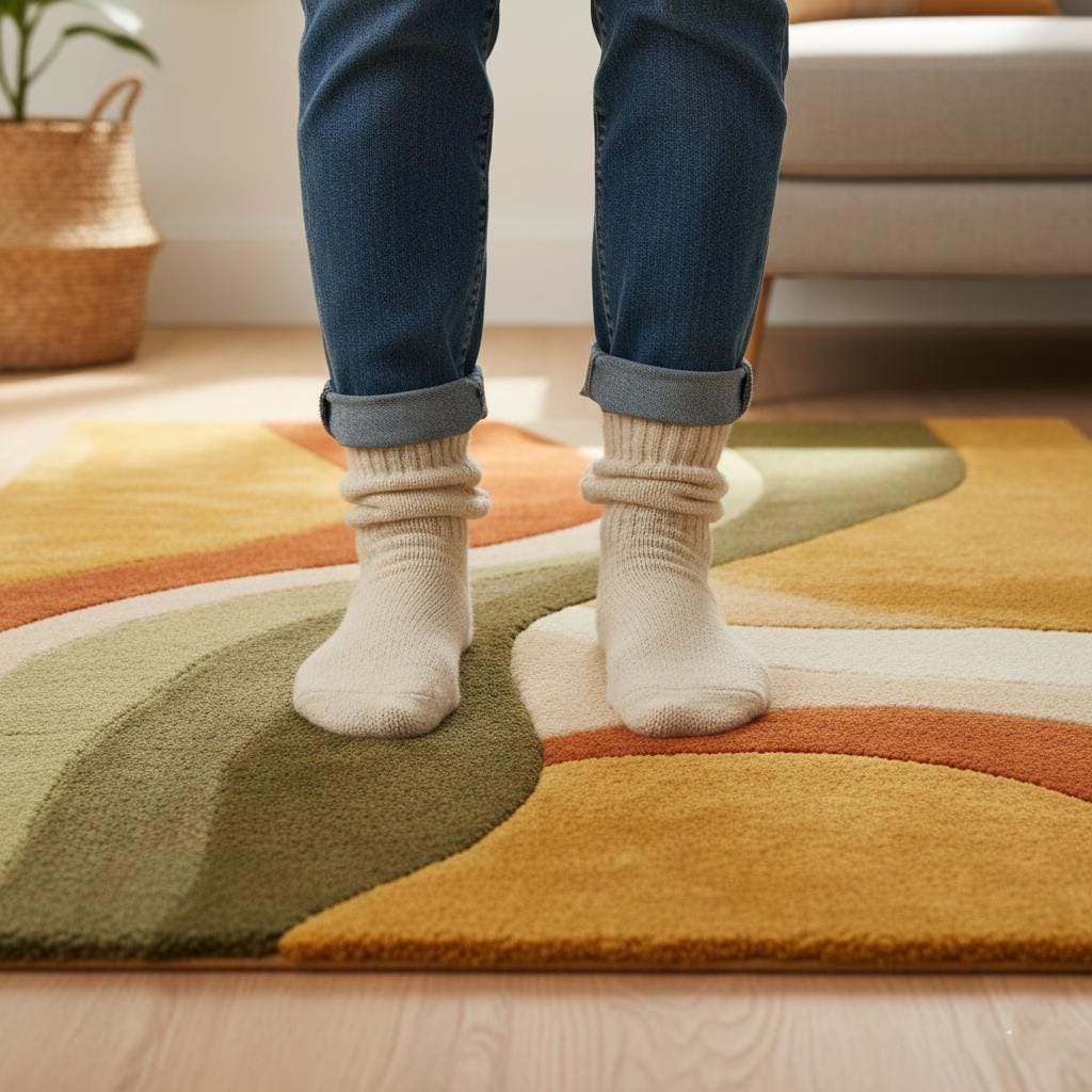Hand tufted abstract wool rug with retro geometric pattern and organic curves in warm earthy tones