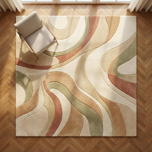 Abstract area rug hand-tufted wool with cream, sage, and terracotta wave design for modern living room decor
