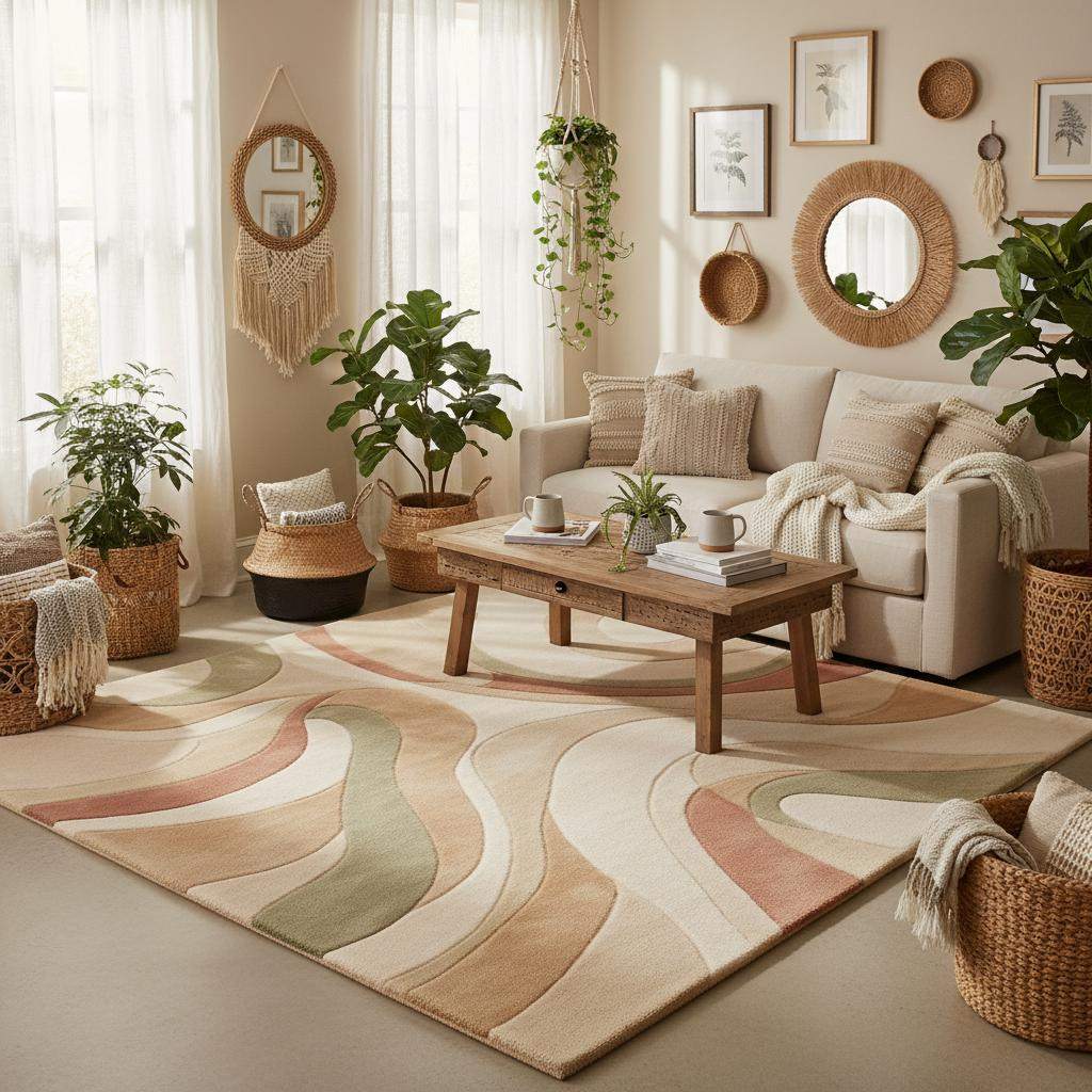4x6 hand-tufted abstract area rug with cream, sage, and terracotta wave design in modern living room