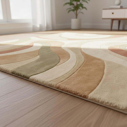 4x6 abstract area rug with cream sage terracotta wave design hand-tufted wool high pile carpet
