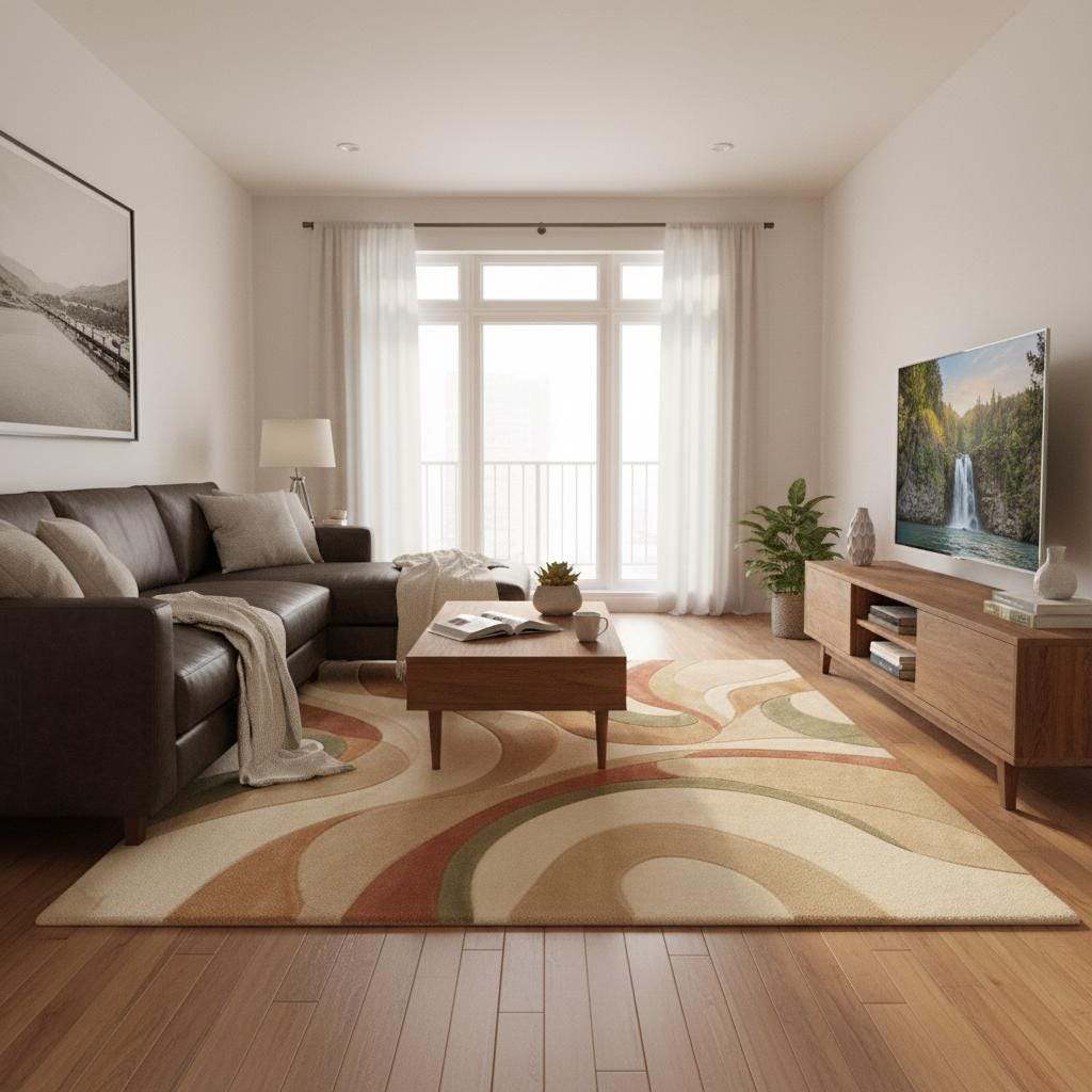 Abstract area rug with cream, sage, and terracotta wave design, hand-tufted wool high-pile carpet for modern living room decor