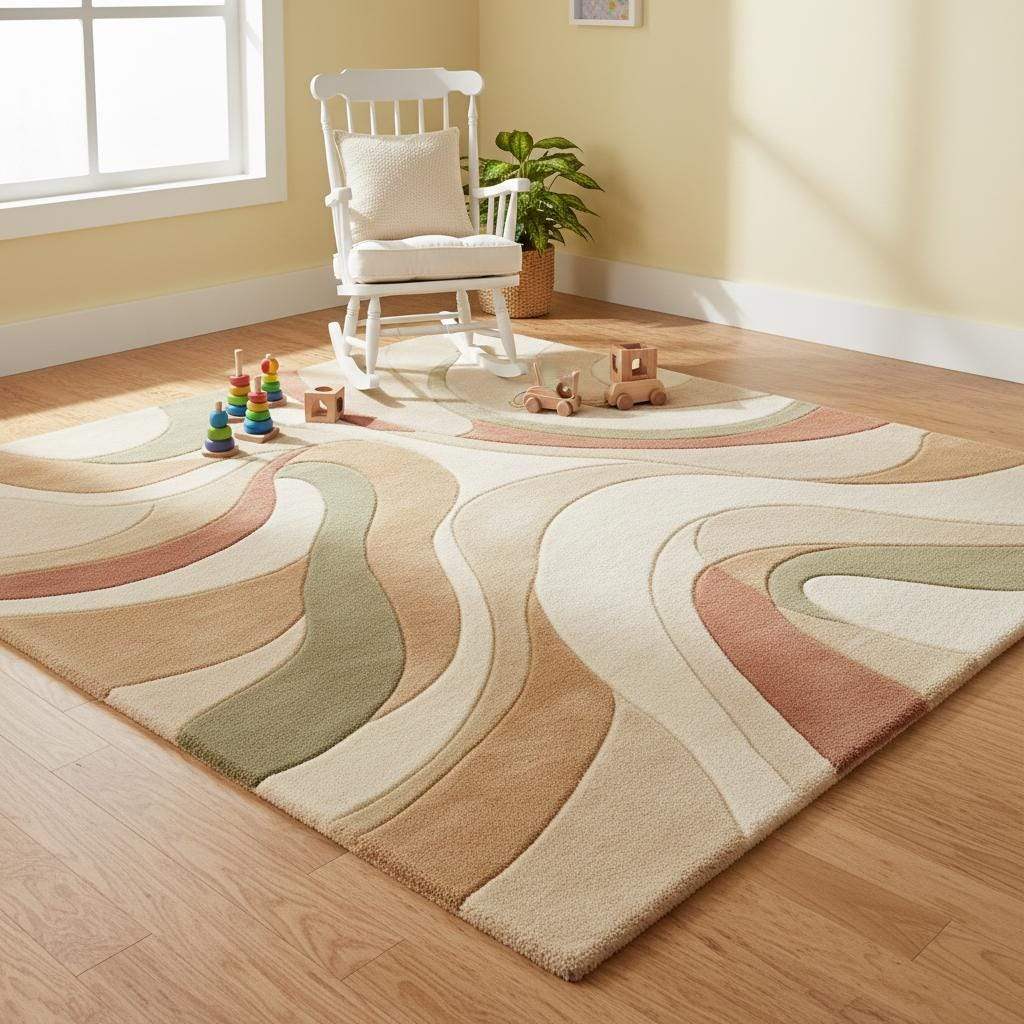 Modern 4x6 abstract area rug with hand-tufted wool in cream, sage, and terracotta wave design