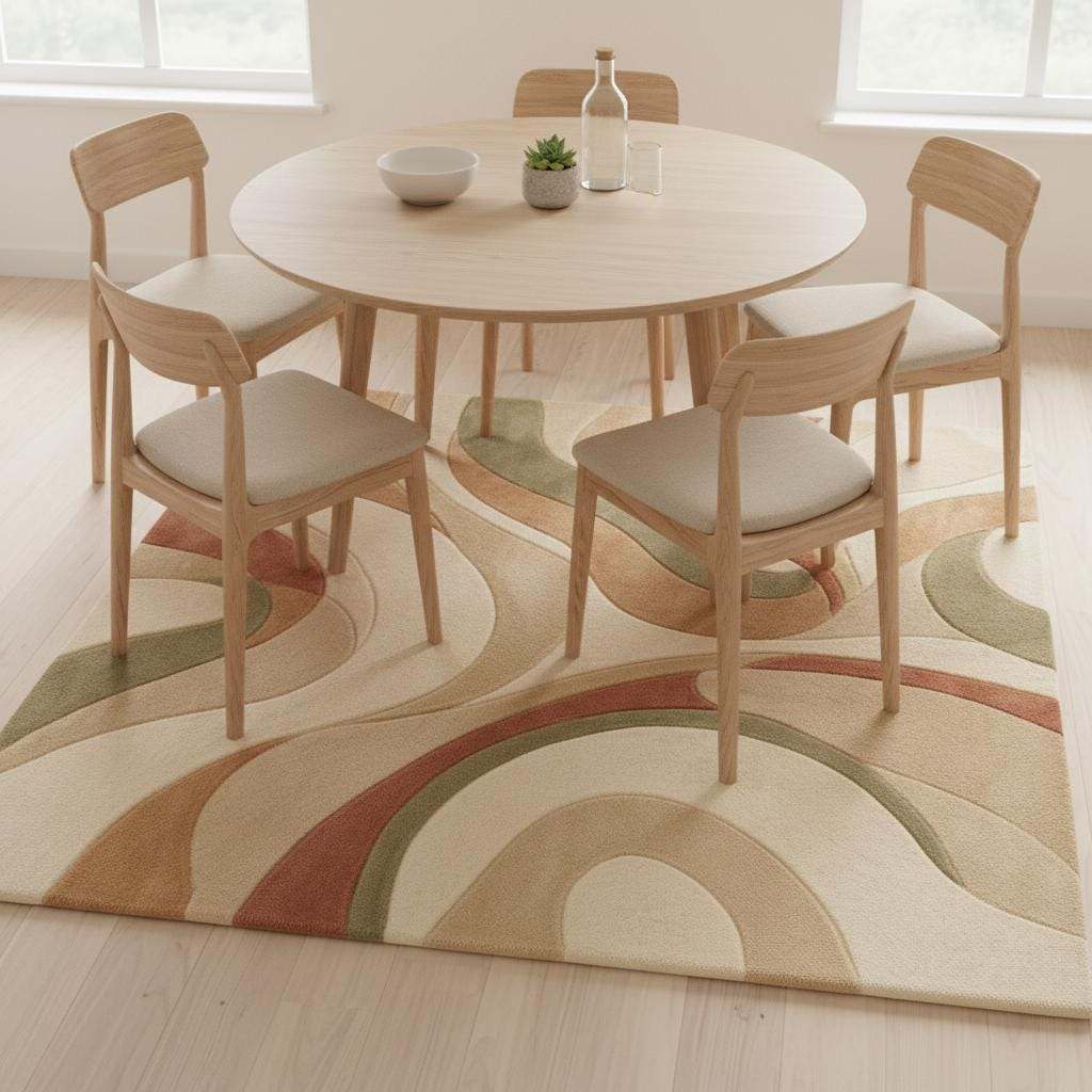 4x6 hand-tufted abstract area rug with cream, sage, and terracotta wave design, high-pile wool carpet for modern living room decor