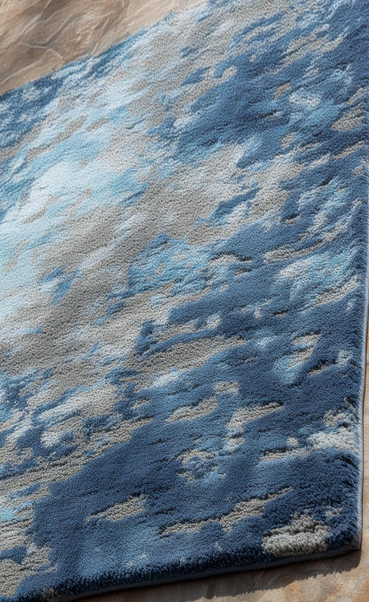 Modern Handmade Tufted Rug in deep navy blue with abstract floral design, rectangular 6x9 wool area rug.