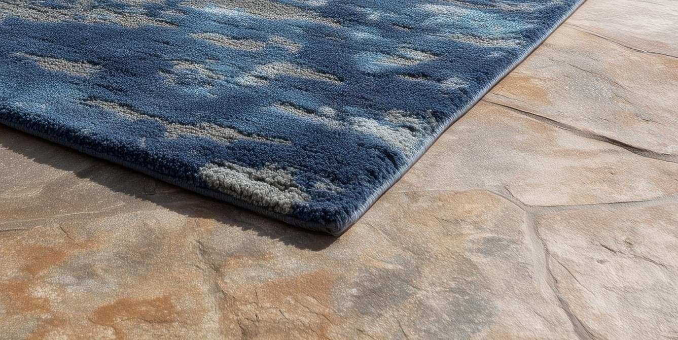 Modern handmade tufted blue gray wool rug with abstract floral design, 6x9 area size