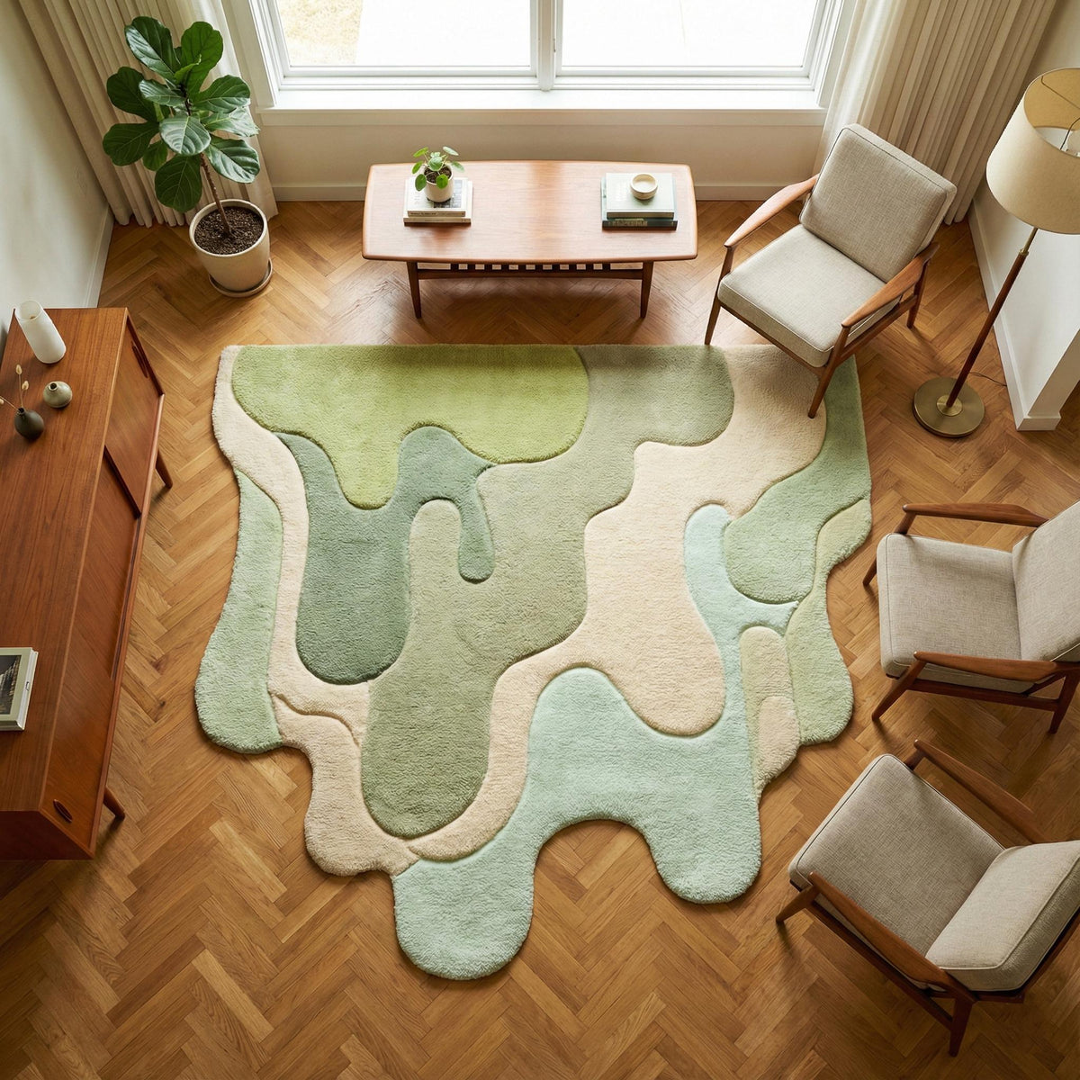 Abstract green melting rug with irregular tufted organic shape in modern design colors