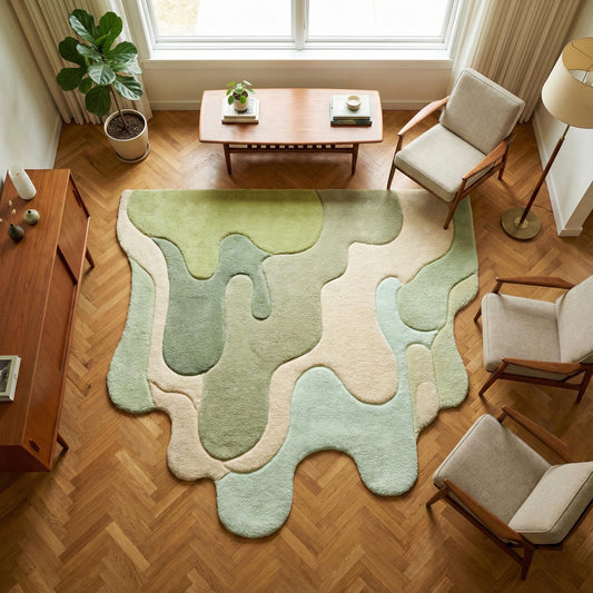 Abstract green melting rug with irregular tufted organic shape in modern design colors