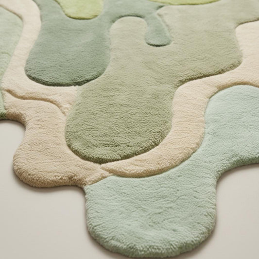 Abstract Green Melting Rug, Irregular Tufted Area Rug, Modern Organic Carpet