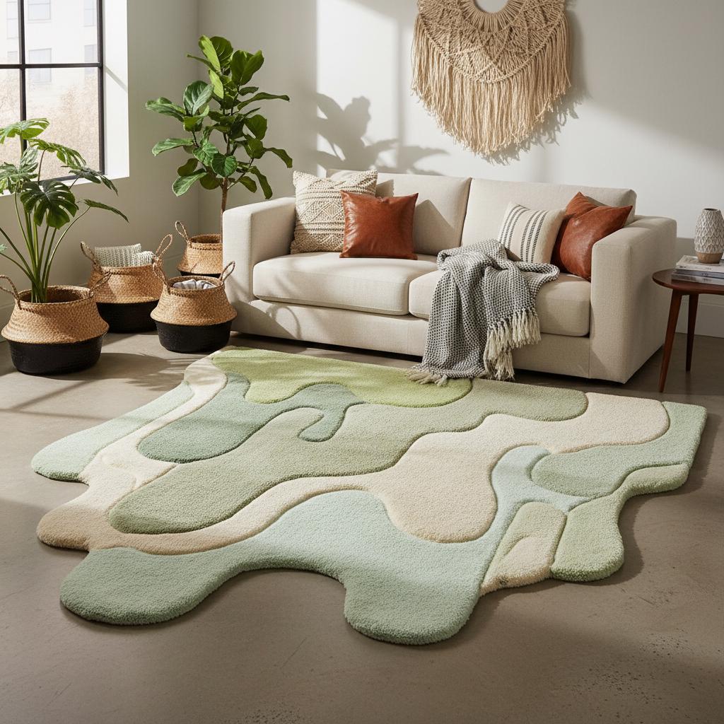 Organic shape abstract rug inspired by nature, soft high pile melting rug in sage green and mint for designer home décor