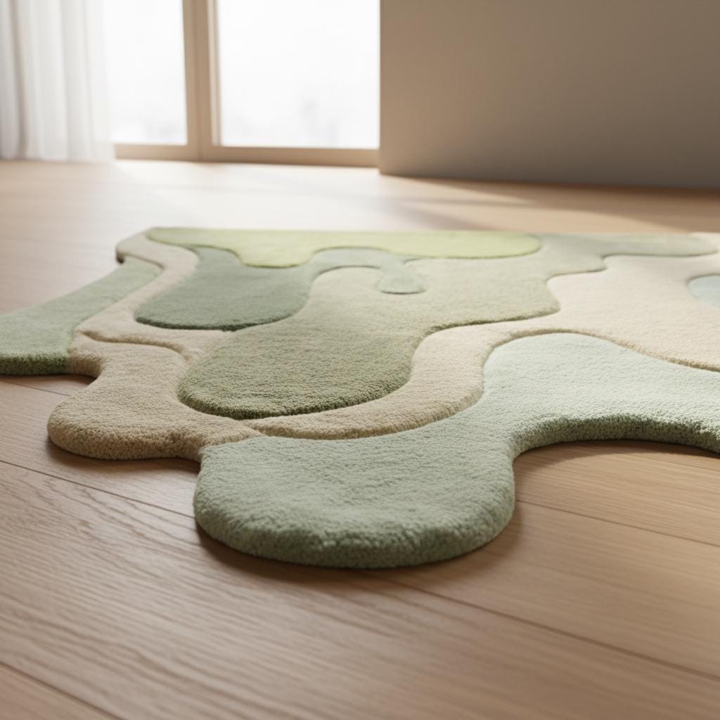 Abstract Green Melting Rug, Irregular Tufted Area Rug, Modern Organic Carpet