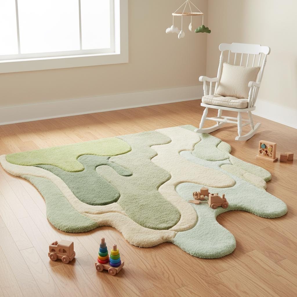 Designer abstract rug with organic flowing pattern, sage green tufted area rug creating a bold statement floor décor