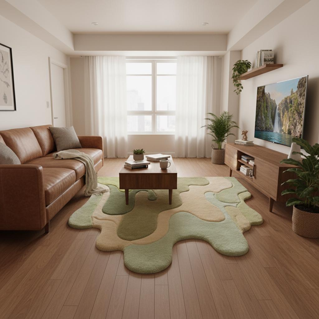 Hand tufted abstract area rug with sculptural curves and layered green tones, modern artistic rug for living room or bedroom