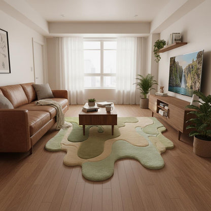 Hand tufted abstract area rug with sculptural curves and layered green tones, modern artistic rug for living room or bedroom