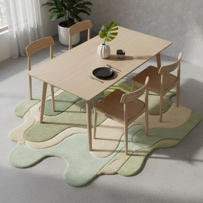 Irregular melting green rug with plush texture, modern aesthetic carpet designed for minimalist and contemporary homes