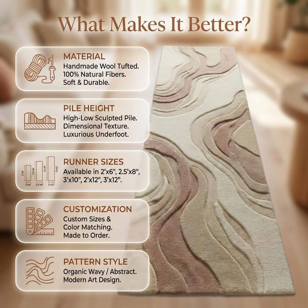 Abstract Neutral Runner Rug, Modern Hand Tufted Carpet for Kitchen Hallway