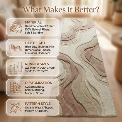 Abstract Neutral Runner Rug, Modern Hand Tufted Carpet for Kitchen Hallway
