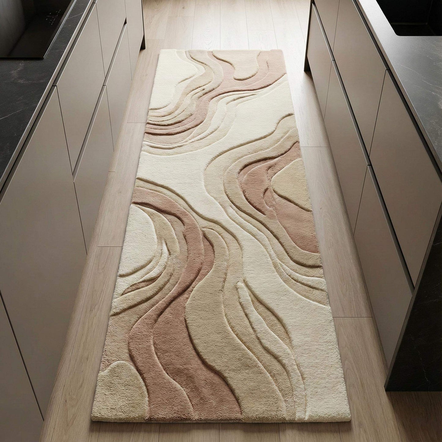 Abstract neutral runner rug with carved wave patterns in ivory and beige for modern kitchens and hallways