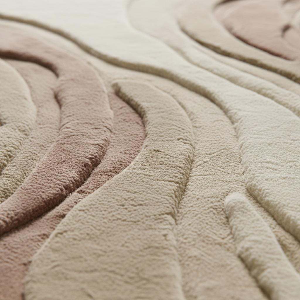 Close-up of plush hand-tufted runner rug showing dense cut-pile texture, carved abstract lines, and soft matte fibers.
