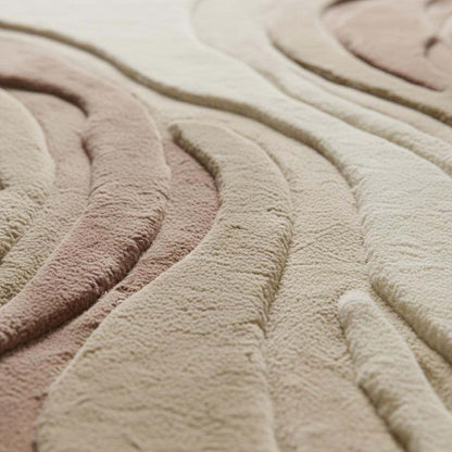 Close-up of plush hand-tufted runner rug showing dense cut-pile texture, carved abstract lines, and soft matte fibers.