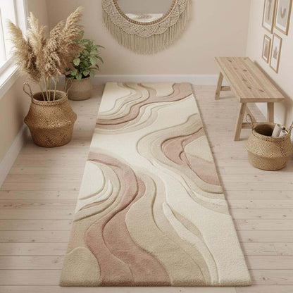 Modern hallway styled with a neutral abstract runner rug featuring flowing patterns and warm minimalist colors.