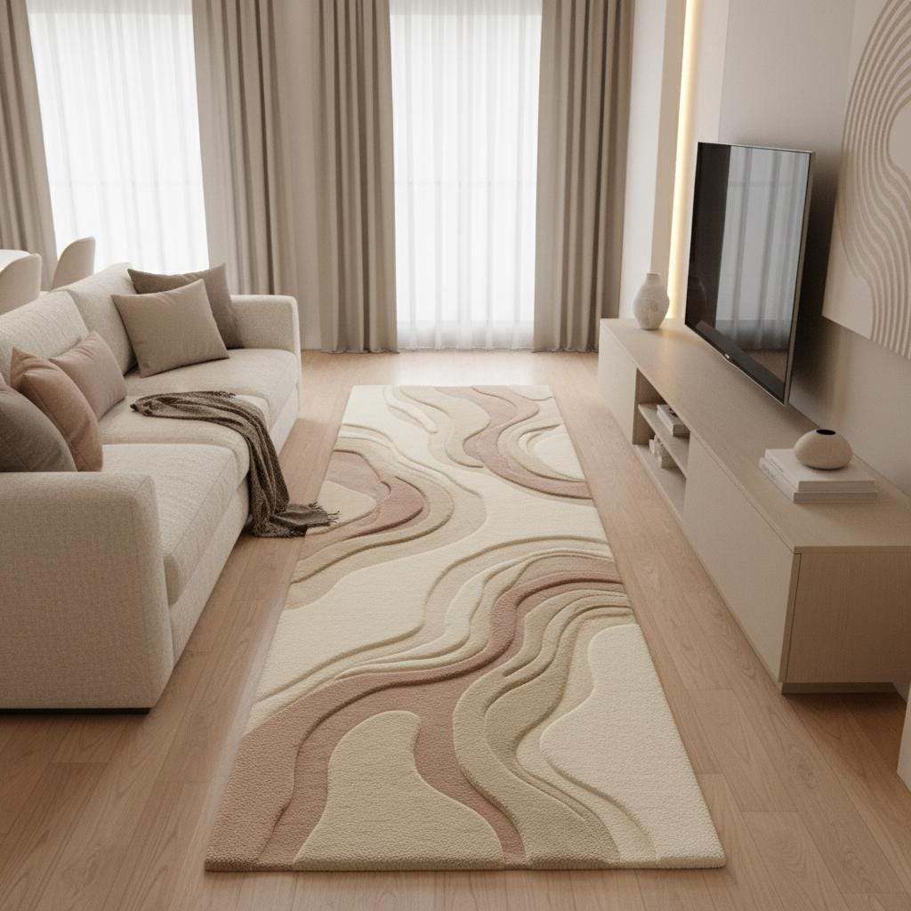 Detailed view of the abstract wave pattern and high-low carved texture on a contemporary runner rug.