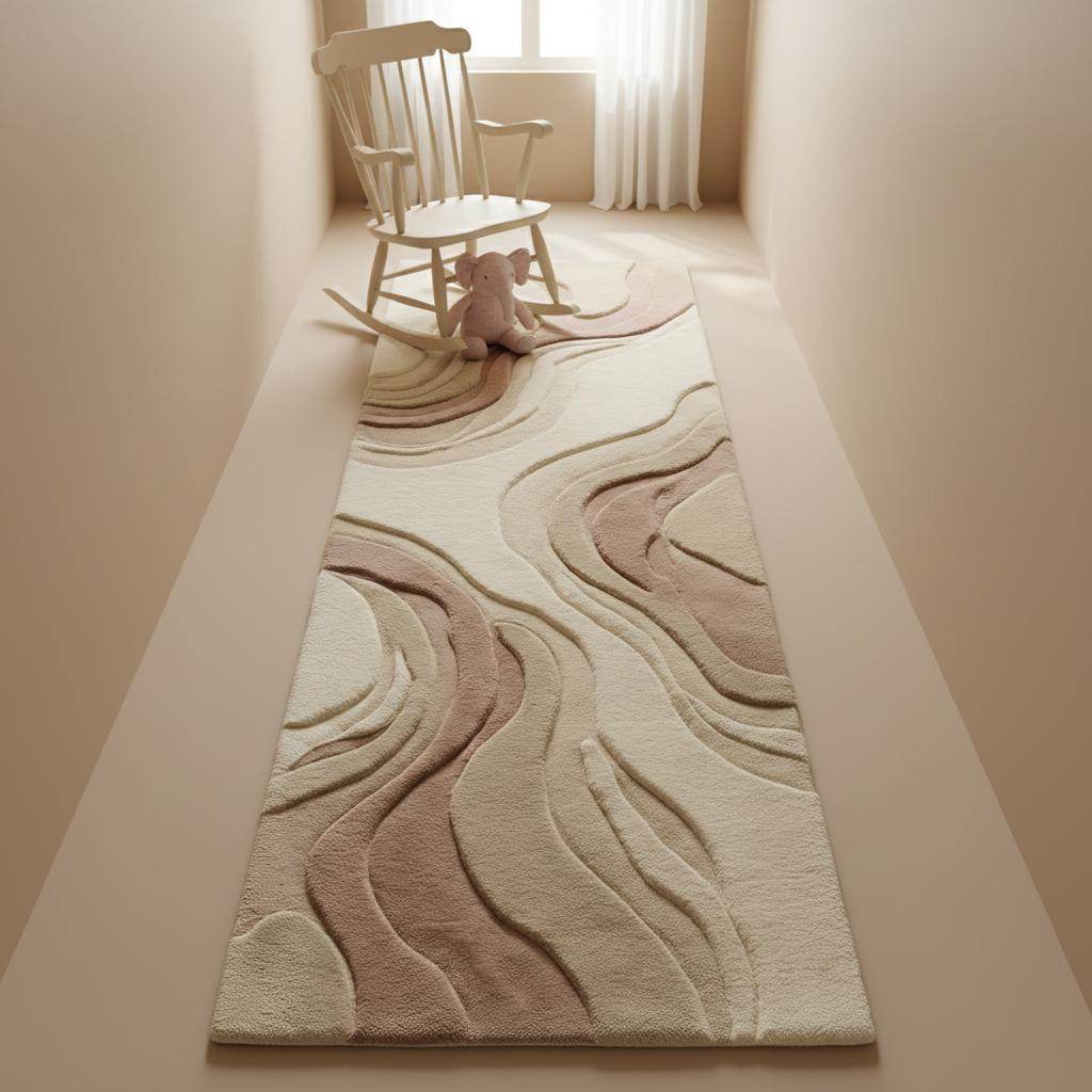 Hand-tufted abstract runner rug highlighting artisan craftsmanship, plush pile height, and precision carving.