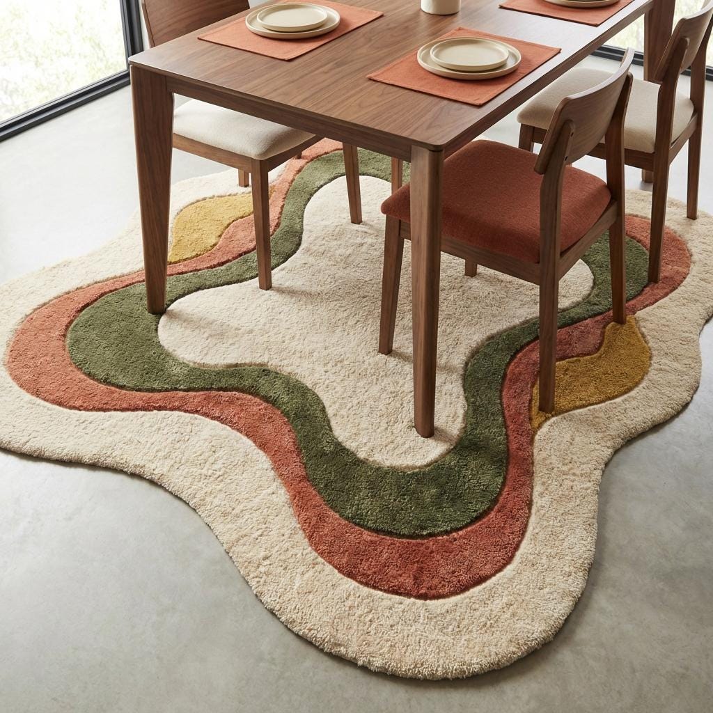 Abstract Organic Shaped Area Rug, Modern Boho Cream Plush Carpet Decor