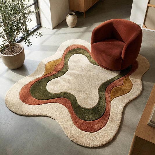 Abstract organic shaped area rug with cream, terracotta, olive, and mustard layered pattern and plush texture