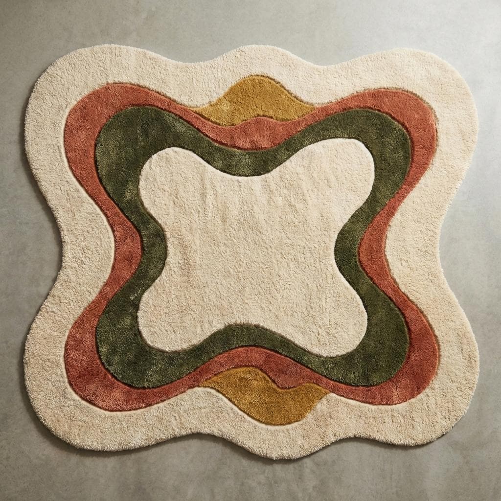 Top-down view of irregular shaped abstract area rug with curved earth tone pattern on cream background, modern boho sculpted carpet design fully visible.