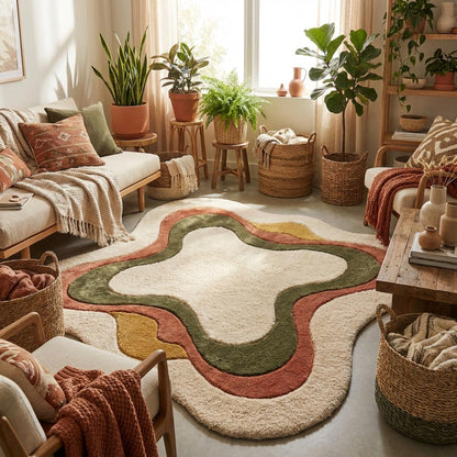 Modern living room featuring organic shaped cream area rug with terracotta and green accents, plush statement rug styled with wood furniture and natural light.