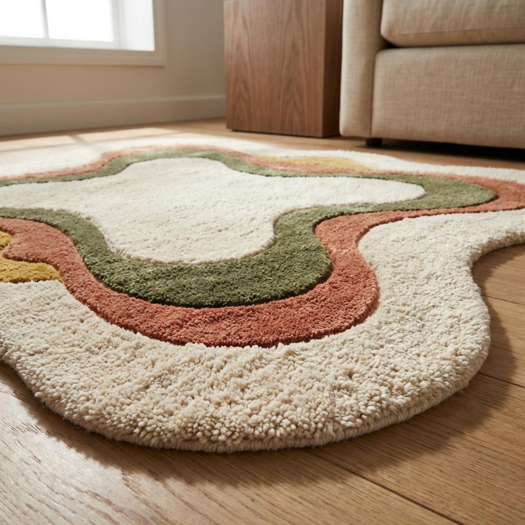 Detailed view of curved edge and layered abstract pattern on sculpted modern area rug, showcasing irregular border shape and plush textured finish.