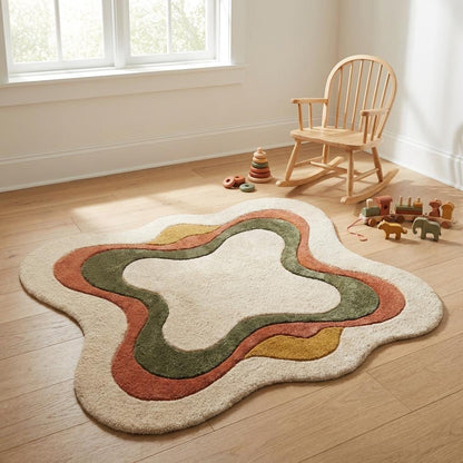 Soft cream abstract area rug styled in cozy nursery space, plush organic shaped carpet adding warmth and comfort to child-friendly modern room.