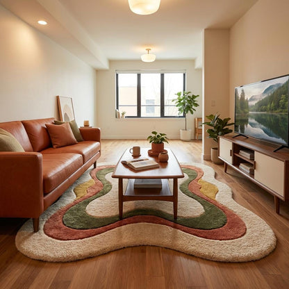 Abstract Organic Shaped Area Rug, Modern Boho Cream Plush Carpet Decor