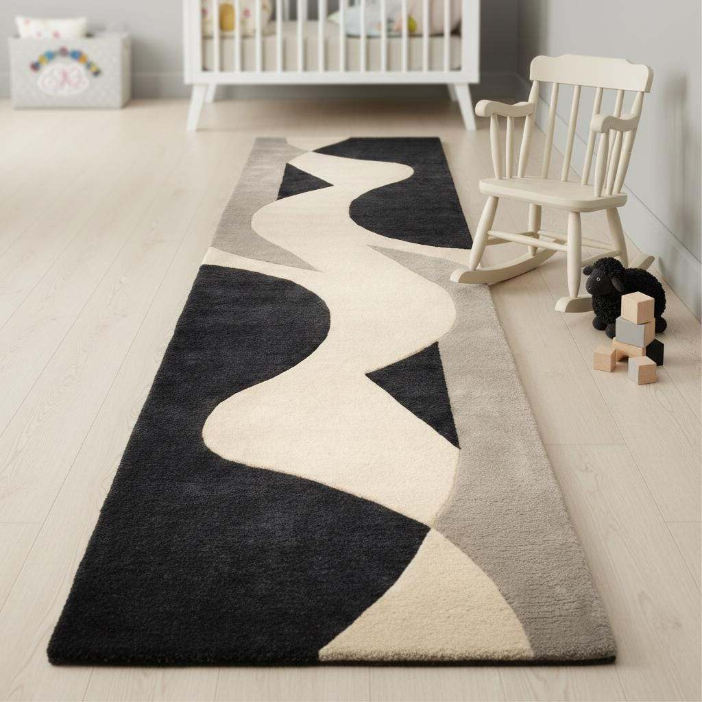 Abstract Runner Rug, Modern Black Ivory Hallway Carpet, Mid Century Handmade Wool Rug