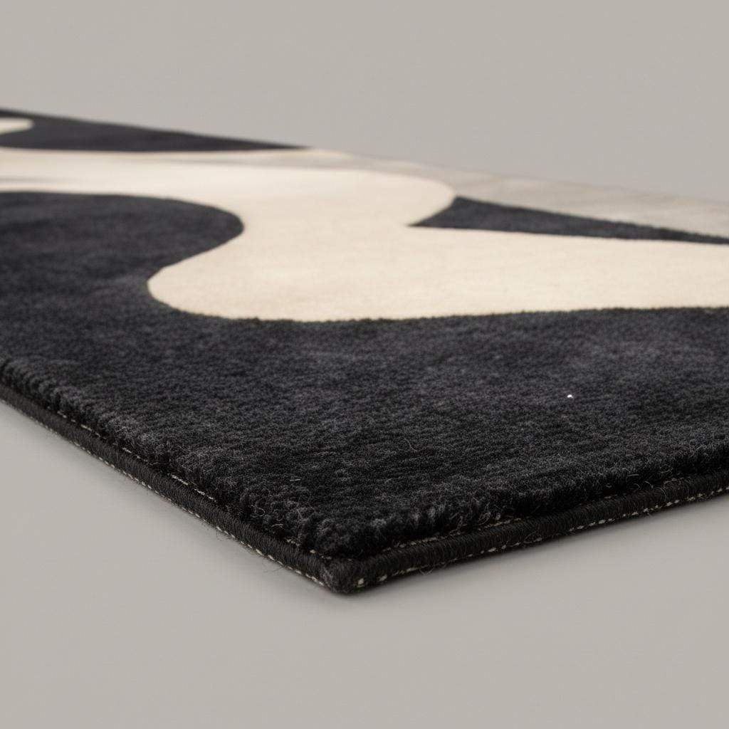Abstract Runner Rug, Modern Black Ivory Hallway Carpet, Mid Century Handmade Wool Rug