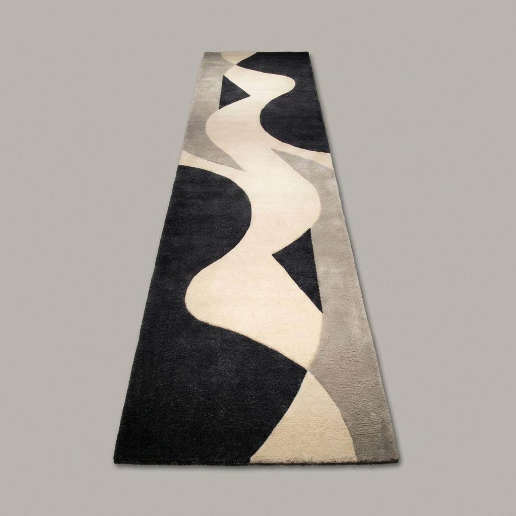 Modern abstract runner rug styled in a long hallway, highlighting its narrow shape and mid century aesthetic.