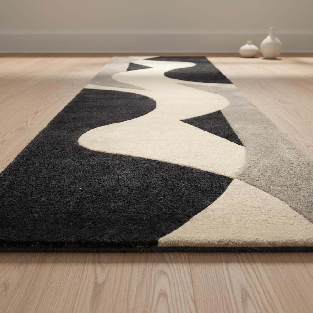 Black and ivory color contrast in modern wool runner rug with subtle grey accents.