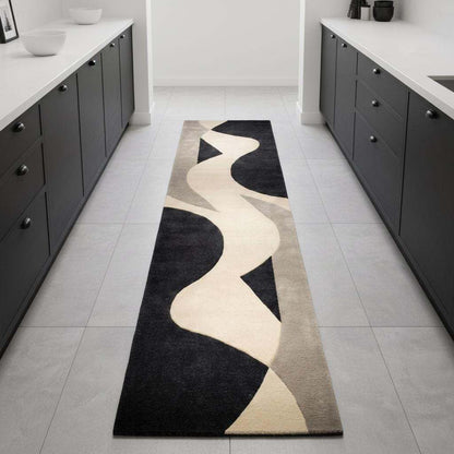 Abstract Runner Rug, Modern Black Ivory Hallway Carpet, Mid Century Handmade Wool Rug