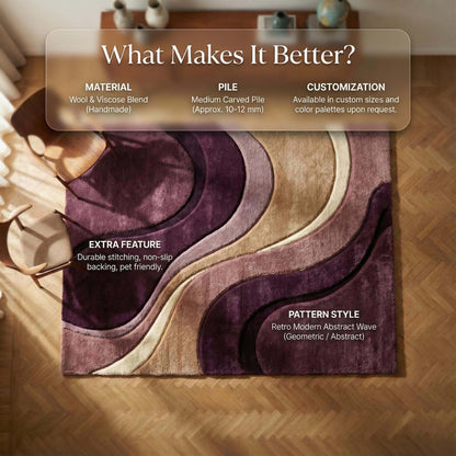 Abstract Wave Hand Tufted Area Rug, Modern Plush Living Room Carpet, Curved Design Rug in Plum Mauve Beige, Statement Home Decor __etsy:7568855355