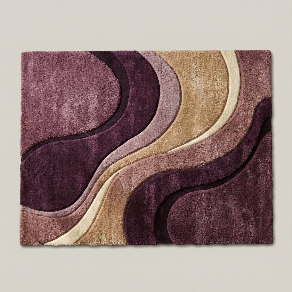 Abstract Wave Hand Tufted Area Rug, Modern Plush Living Room Carpet, Curved Design Rug in Plum Mauve Beige, Statement Home Decor __etsy:7568836613