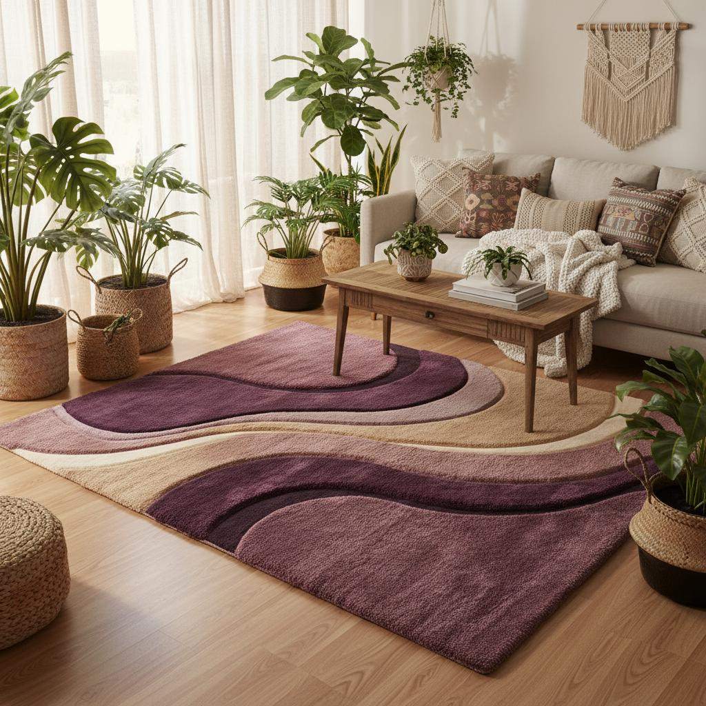 Modern living room styled with an abstract hand tufted area rug, showcasing how the curved design complements warm wood floors and mid-century furniture. __etsy:7568836923