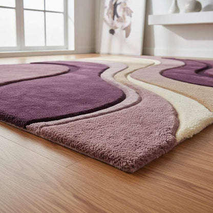 Abstract Wave Hand Tufted Area Rug, Modern Plush Living Room Carpet, Curved Design Rug in Plum Mauve Beige, Statement Home Decor __etsy:7568836879