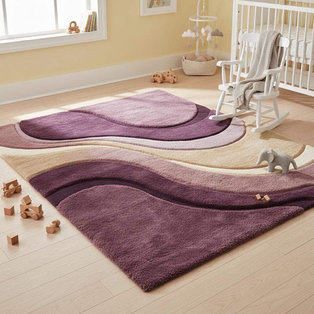 Abstract Wave Hand Tufted Area Rug, Modern Plush Living Room Carpet, Curved Design Rug in Plum Mauve Beige, Statement Home Decor __etsy:7568836891